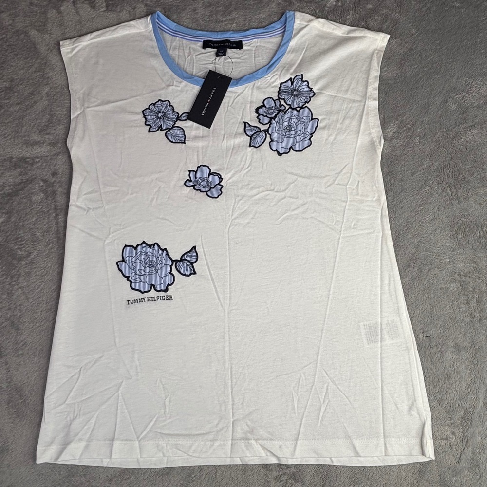 Tommy Hilfiger Sleeveless Top Womens Small White Blue Floral Embroidered Ringer